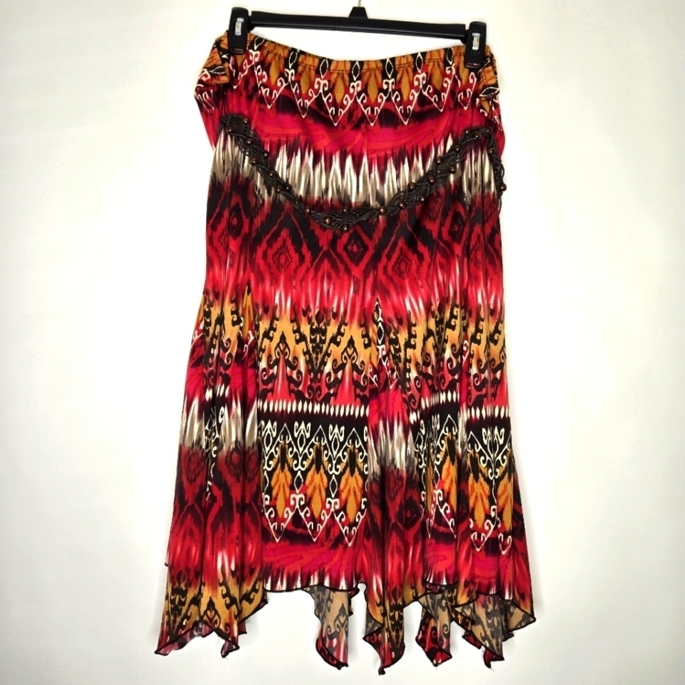 Fashion Bug Elastic Waist Aztez Multi Red Handerchief Skirt Beaded Belt Sz 2X